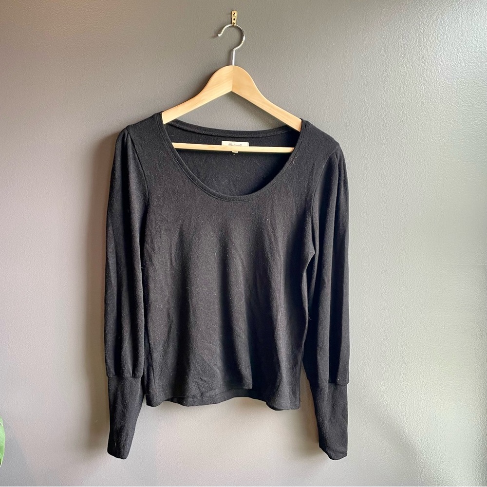 Madewell Women Black Scoop Neck Sweater with Balloon Sleeve and Long Cuff Small